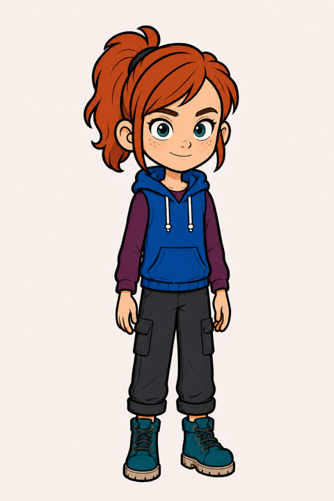 Izzy, a young girl with a copper-red ponytail and blue and plum skater clothes