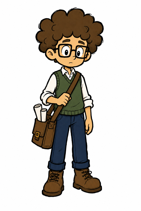 Maurice, a young boy with a brown afro and square glasses, carrying a planning satchel